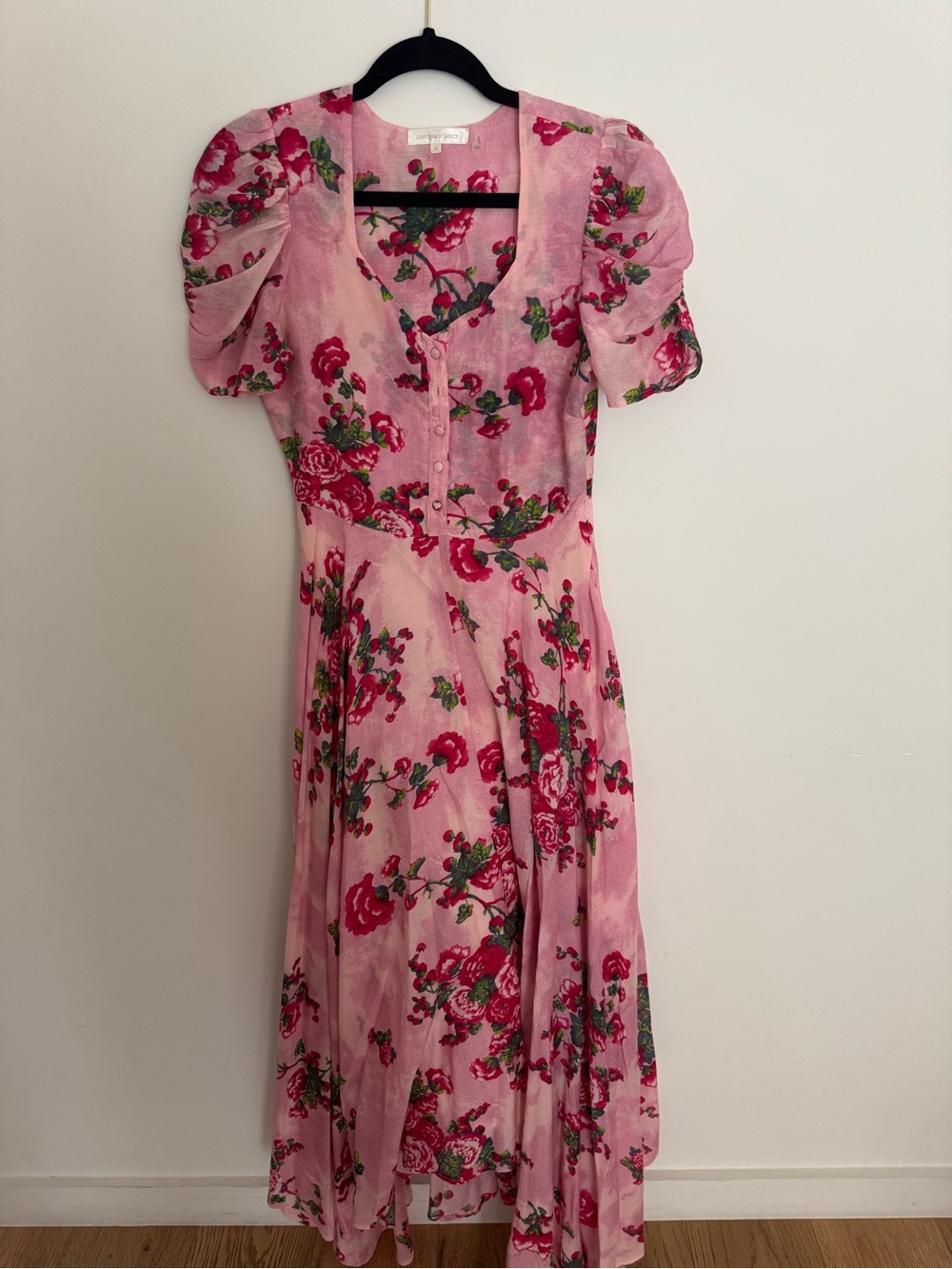 Love Shack Fancy Pink Floral Midi Dress with Puff Sleeves